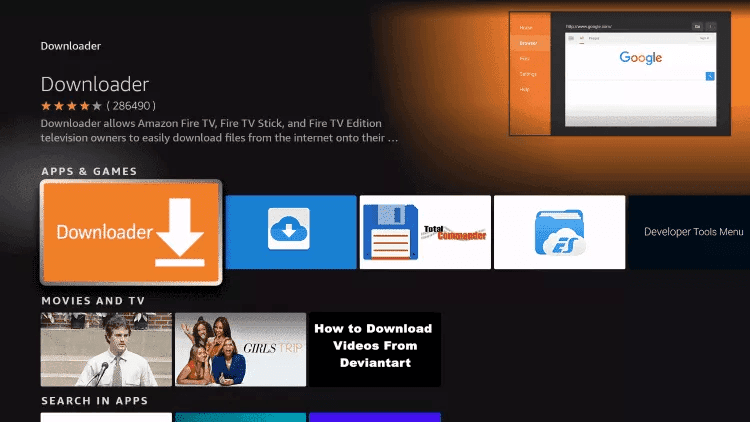 Downloader app highlighted in Fire TV search results under Apps and Games