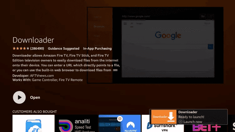 Downloader installed on Firestick and ready to open