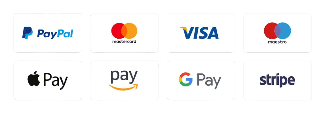 Accepted payment methods: PayPal, Mastercard, Visa, Maestro, Apple Pay, Amazon Pay, Google Pay, and Stripe